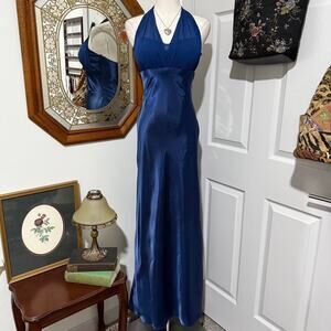 VTG Y2K Betsy & Adam Sapphire Blue Satin Ruffle Train Formal Maxi Halter Dress 6